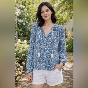 Lucky Brand Blue White Floral Paisley Summer Blouse Top